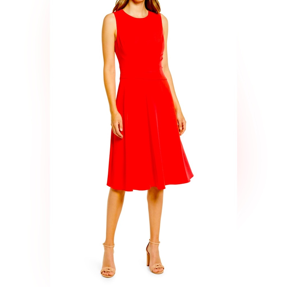 NWT Eliza J Red Ruched Cocktail Wedding Guest Fit & Flare Midi Dress 18